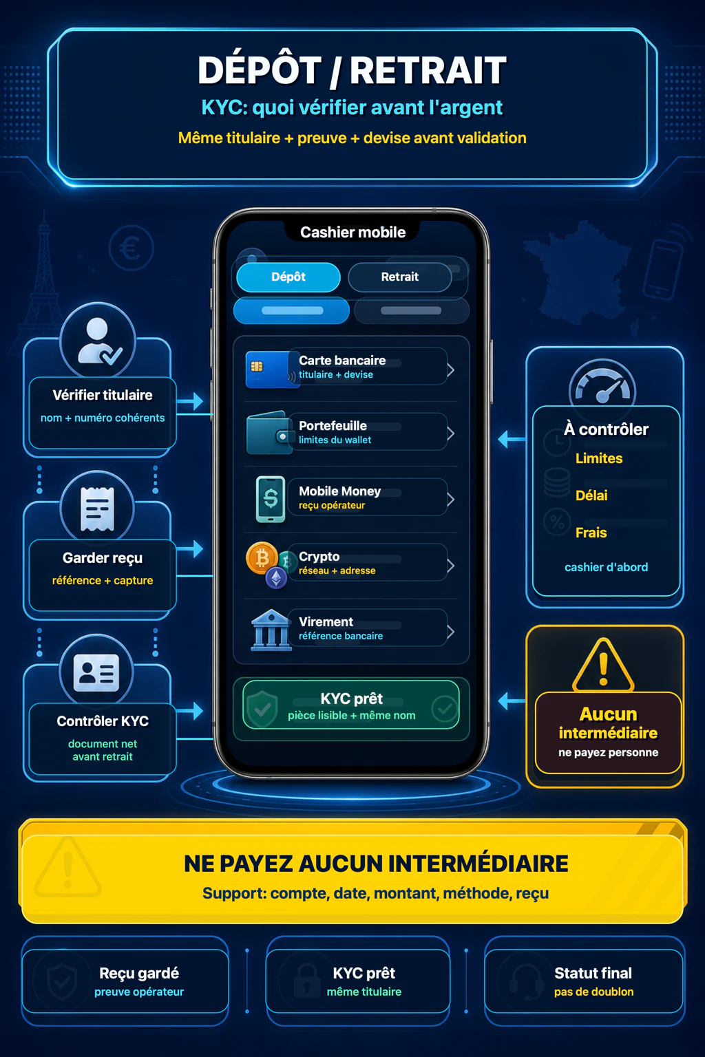 Infographie paiements CI 1xBet avec Orange Money, MTN MoMo, Moov Money, Wave, carte, titulaire, reçu et contrôle KYC